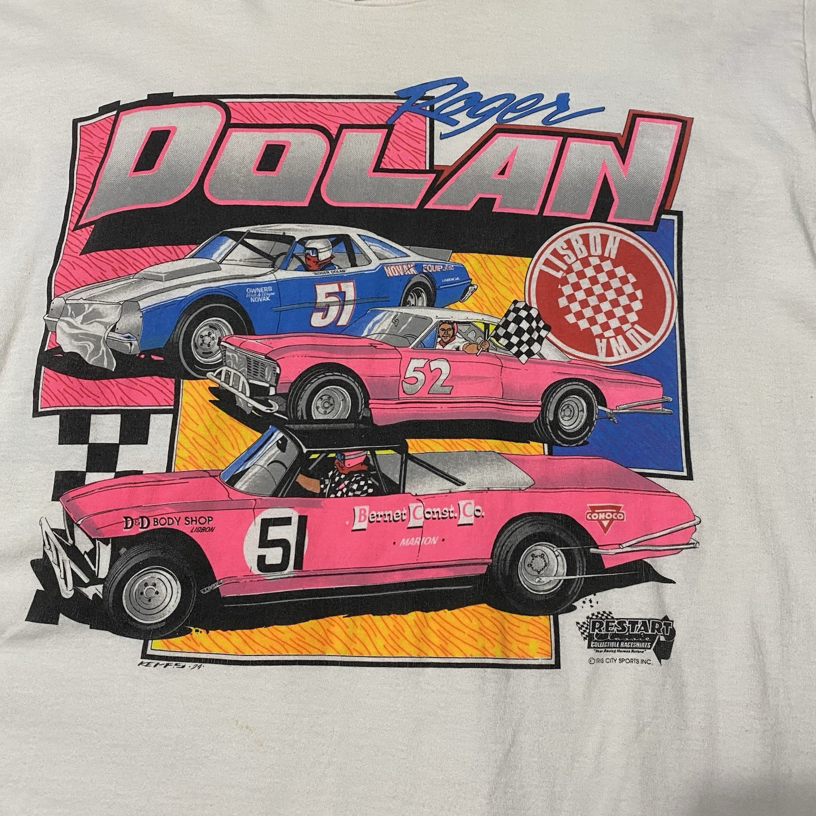 Vintage Roger Dolan Dirt Track Racing Shirt XL 22.5×30.5 Stains/Need Oxiclean