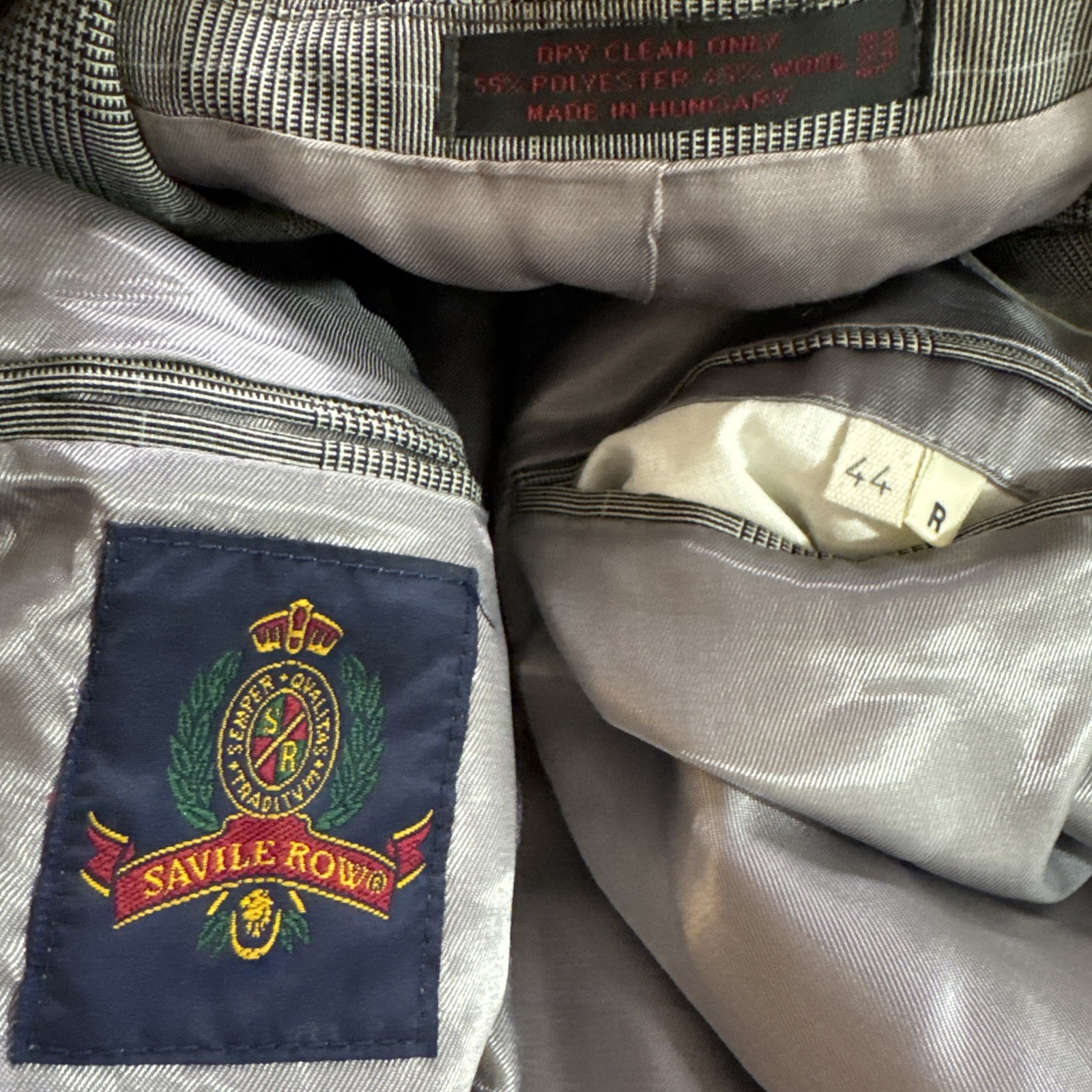 VTG Savile Row Men’s Wool Blend 2-Button Suit Gray Glen Plaid 44R Pants 38 x 32