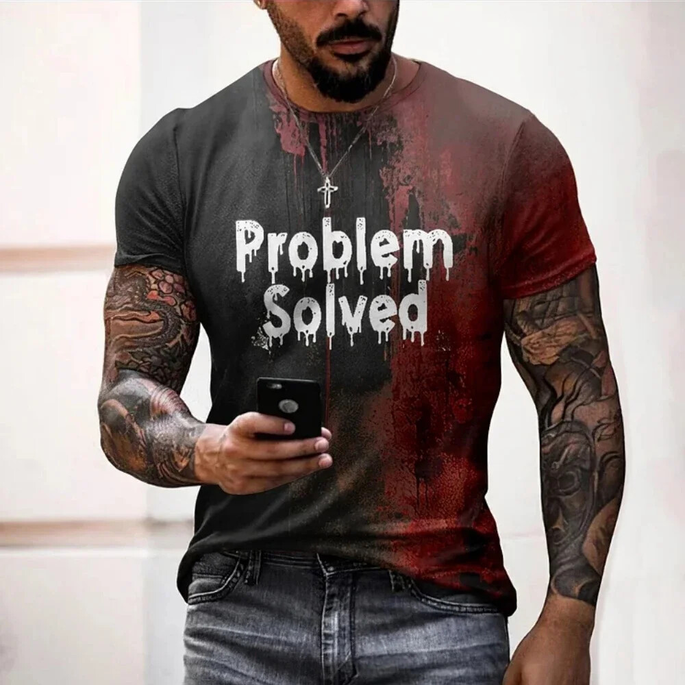 Men’s T Shirts Problem Solved Bloody Print Tees Fashion Horrible Halloween Short