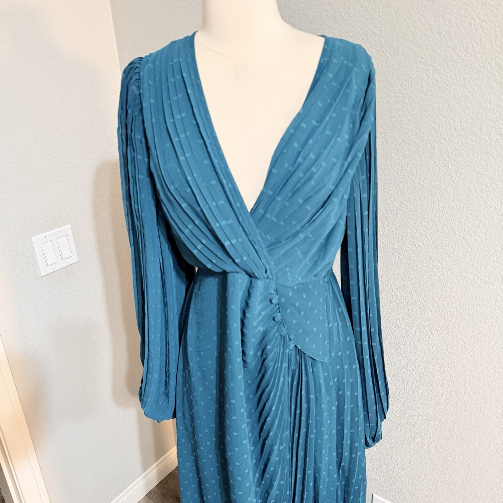 ASOS Design Teal Midi Dress Size 10 Long Sleeve Pleated Swiss Dot Chiffon