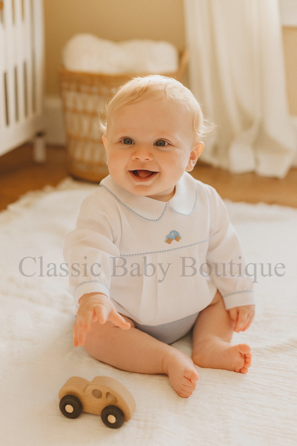 NWT Petit Ami White Blue 2pc Car Long Sleeve Diaper Set Newborn Baby Boys NB