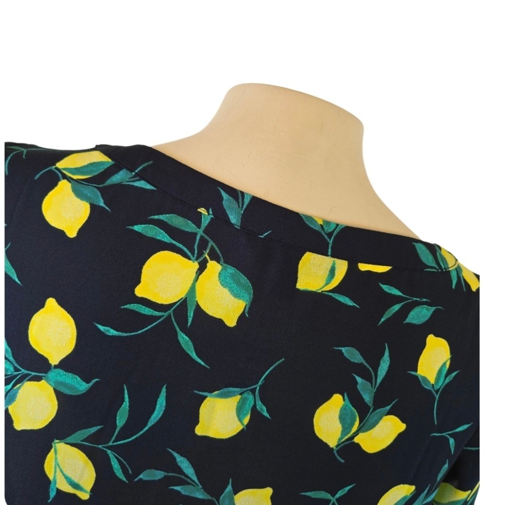 BANANA REPUBLIC Lemon Print Short Sleeve Blouse Navy Yellow Flowy X Small New