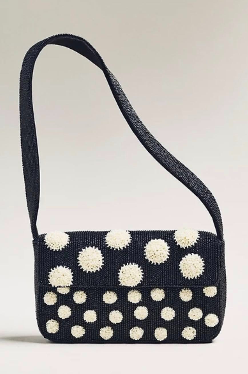 NWT Anthropologie Maeve Fiona Beaded Shoulder Bag Black White Polka Dot Purse