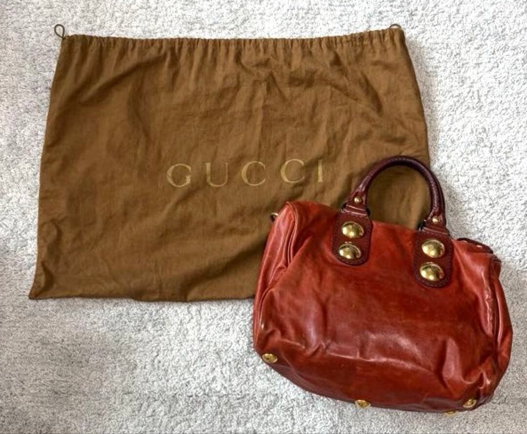 GUCCI Red Leather Boston Bag Vintage Studded Heart Charm Womens Handbag 71