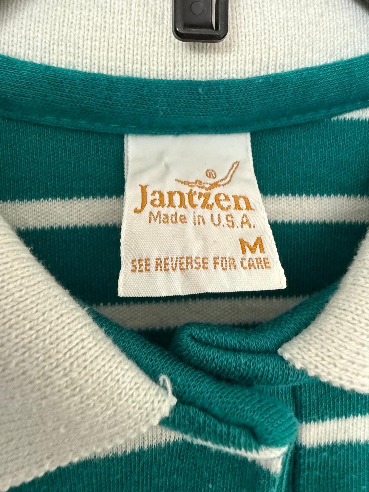 Jantzen Vintage Polo Shirt Women’s M Teal White Striped Knit Top Short Sleeve