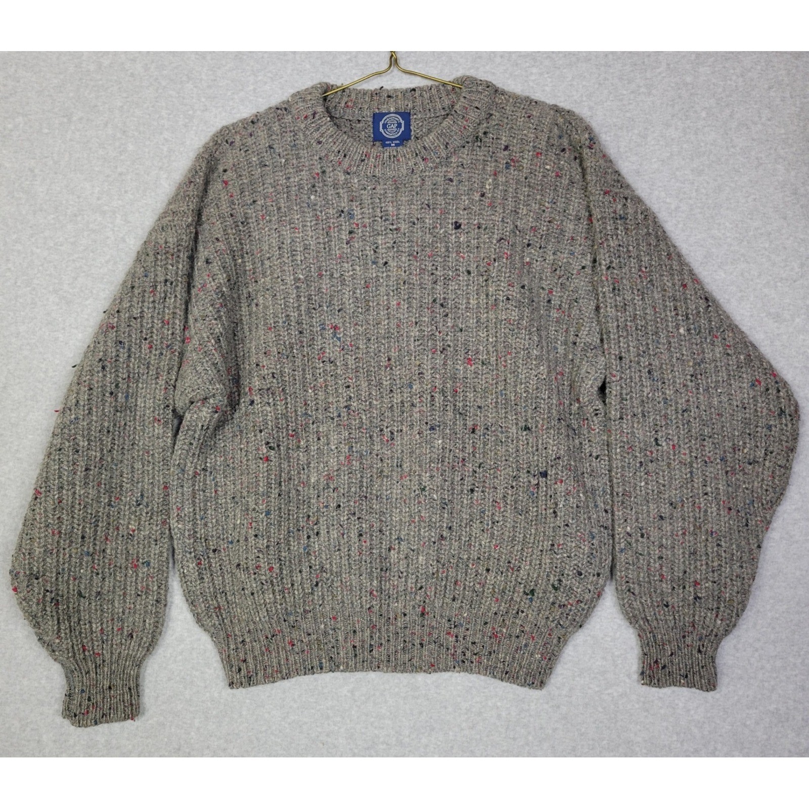 Vtg Gap Wool Sweater Mens Grey Donegal Fleck Ribbed Knit Crewneck Fisherman M