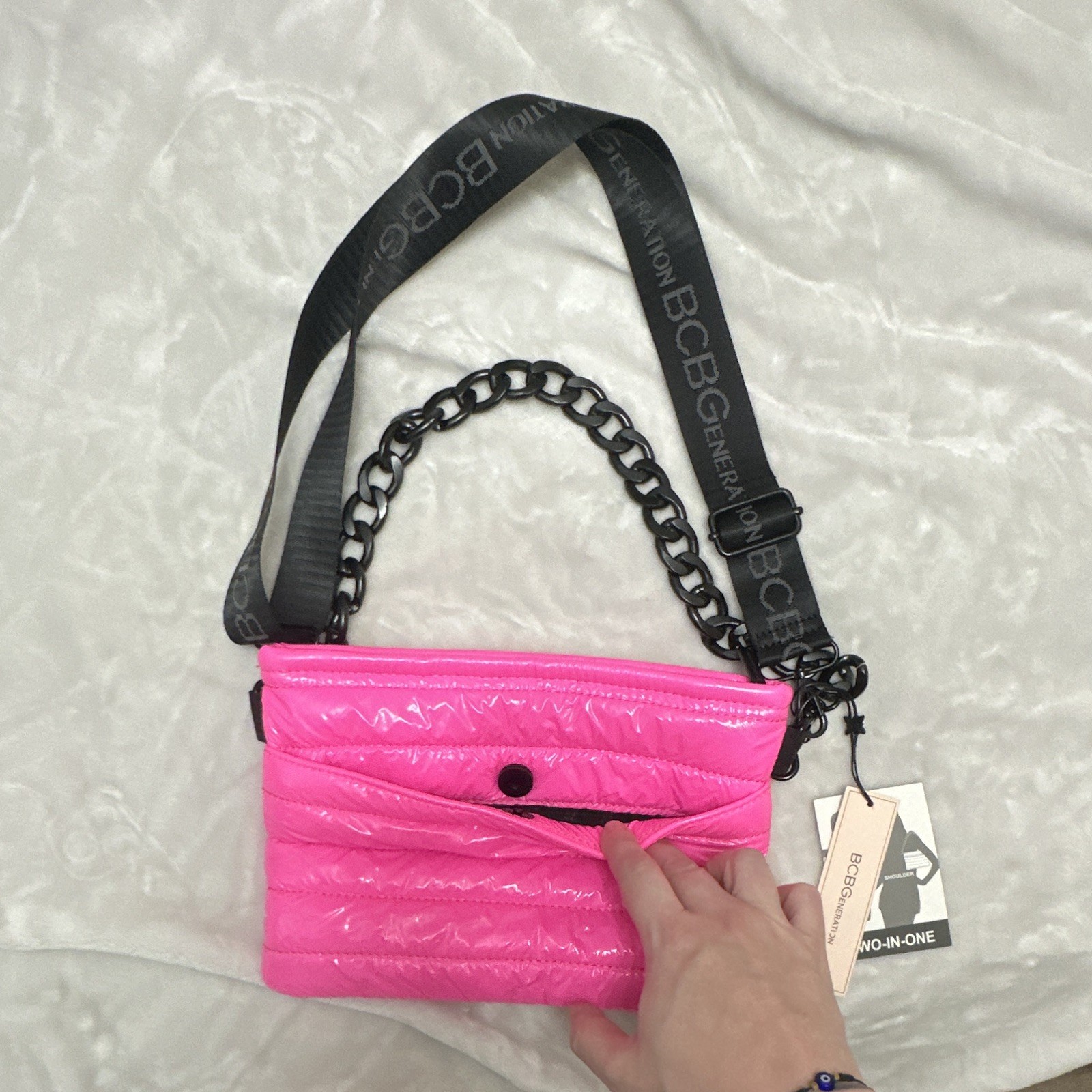 BCBGeneration Pink Quilted Crossbody Bag Black Logo Strap Chain Zip Snap