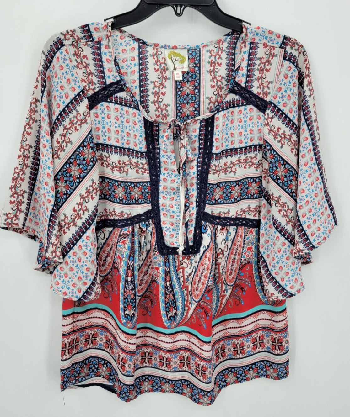 Fig and Flower Top Womens Medium Red White Blue Boho Print Bell Sleeve Popover