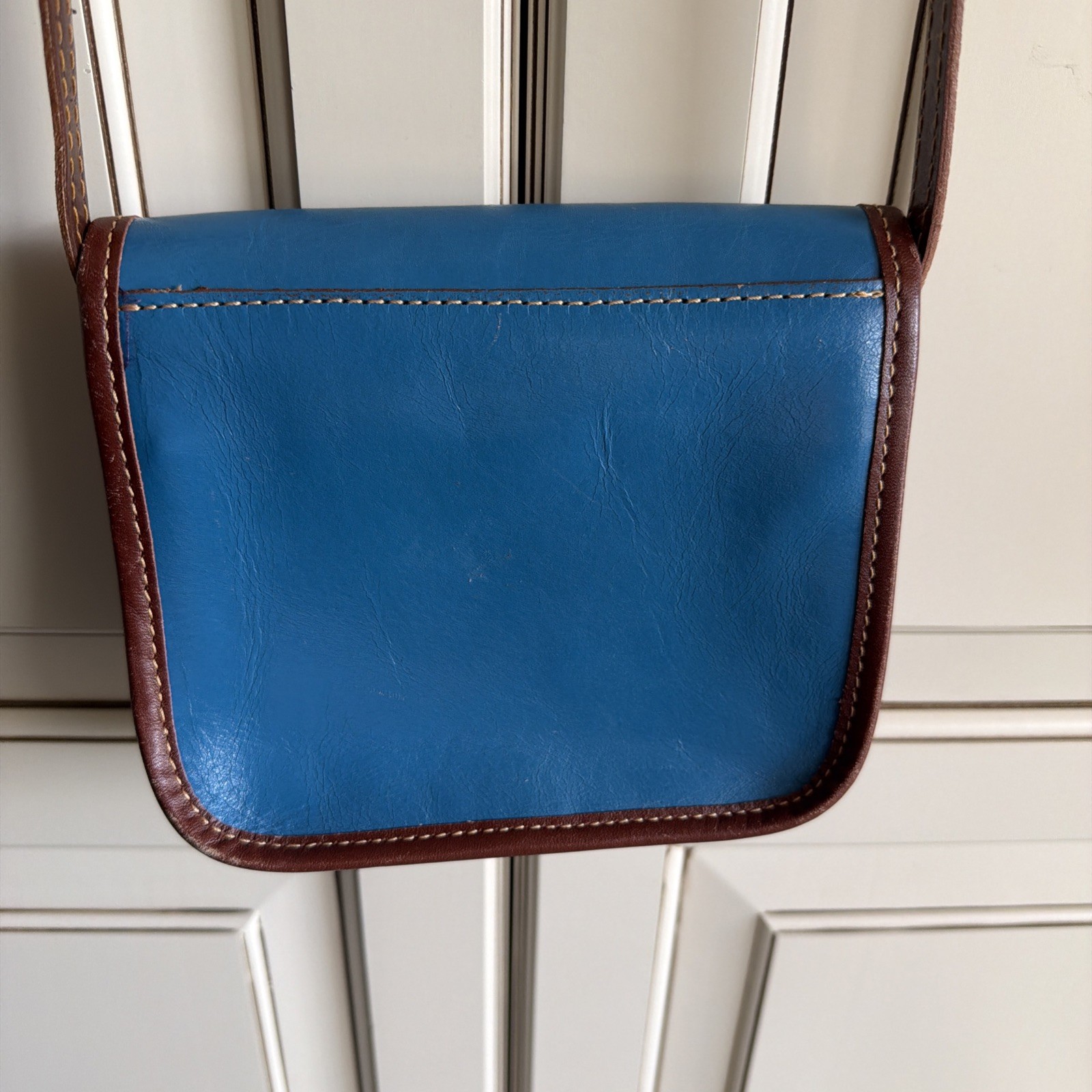 Vera Pelle Leather Crossbody Saddle Bag Genuine Italian Small Teal Blue/Brown