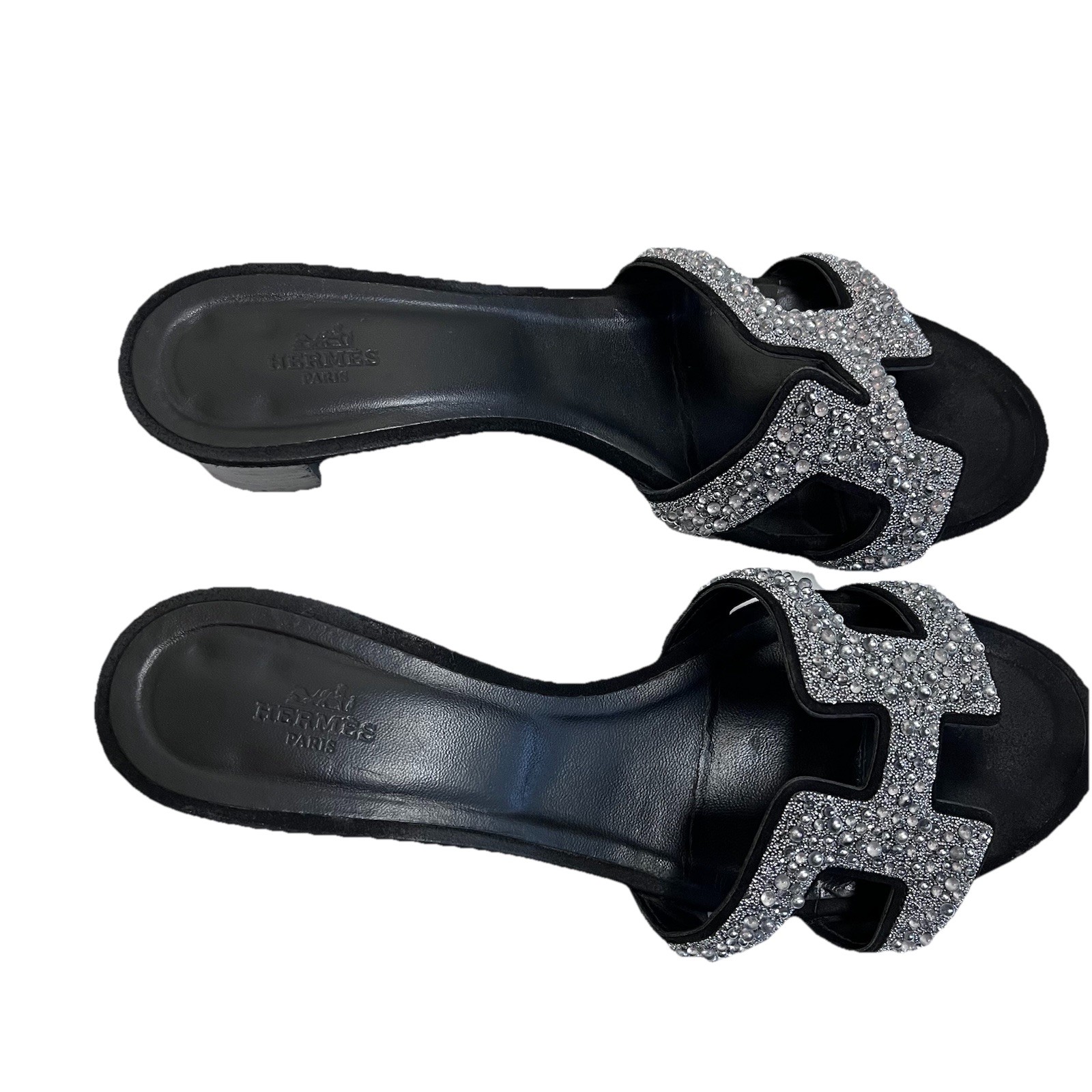 Hermès Oran Crystal Heeled Mule Sandals Black Leather 40 Silver Glitter Heels