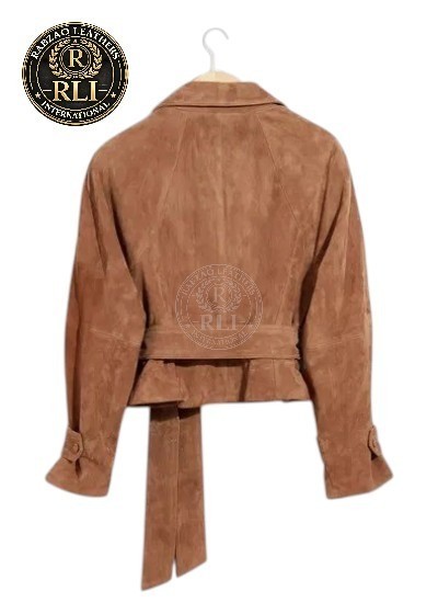 Women Genuine Suede Leather Jacket Brown Belted Wrap Western Vintage Coat