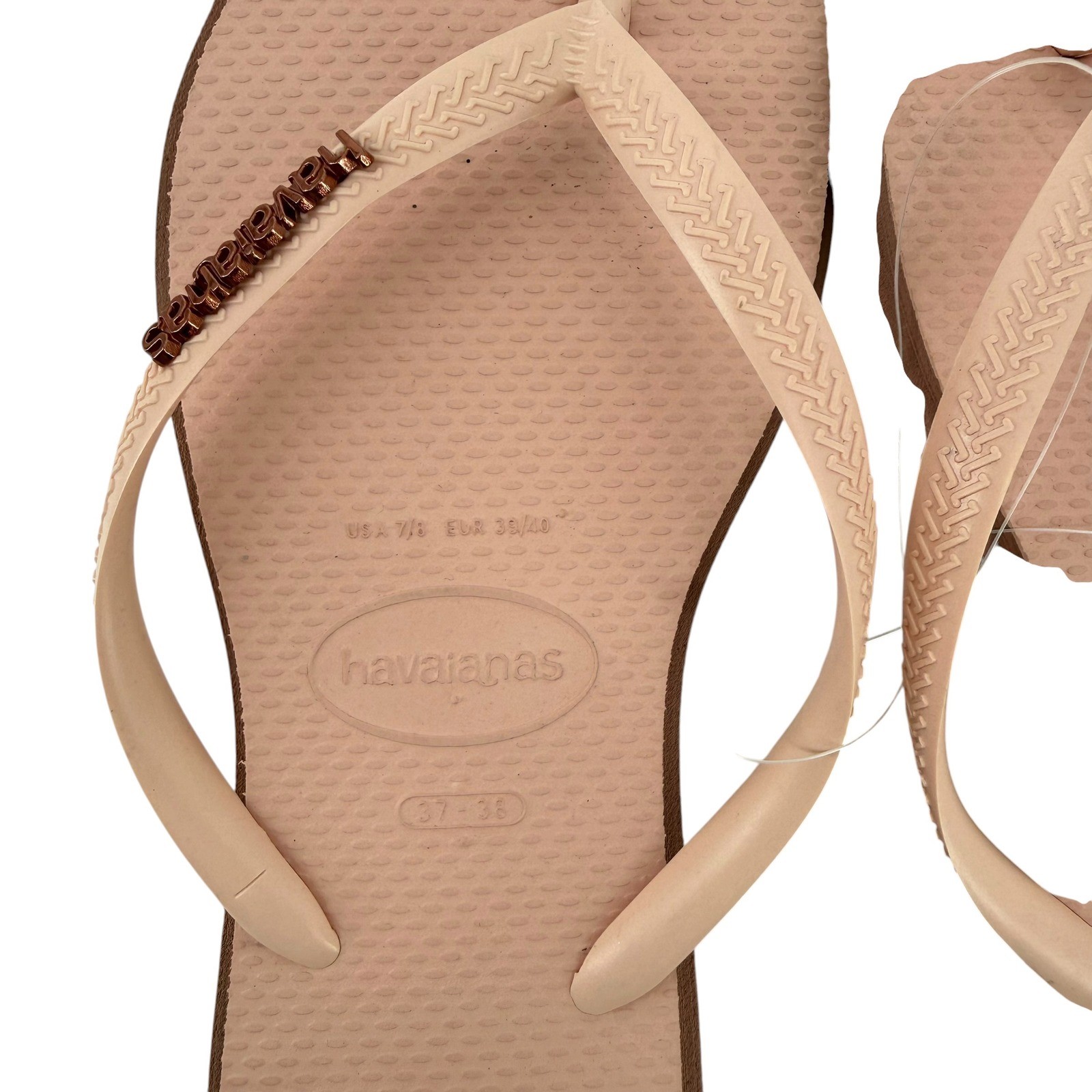 Havaianas Slim Logo Metallic Flip Flops Rose Gold Nude Sandals Womens 7/8 NEW