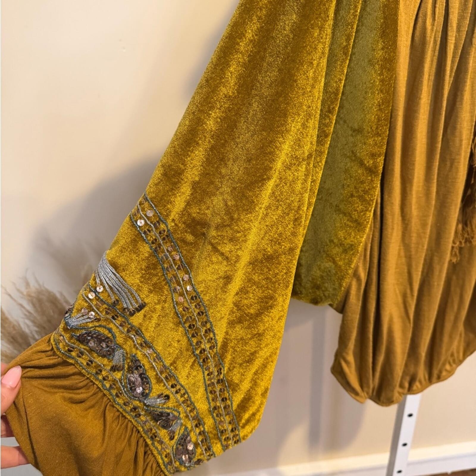Free People Hearts Aflame Oversized Gold Velvet Embroidered Blouse