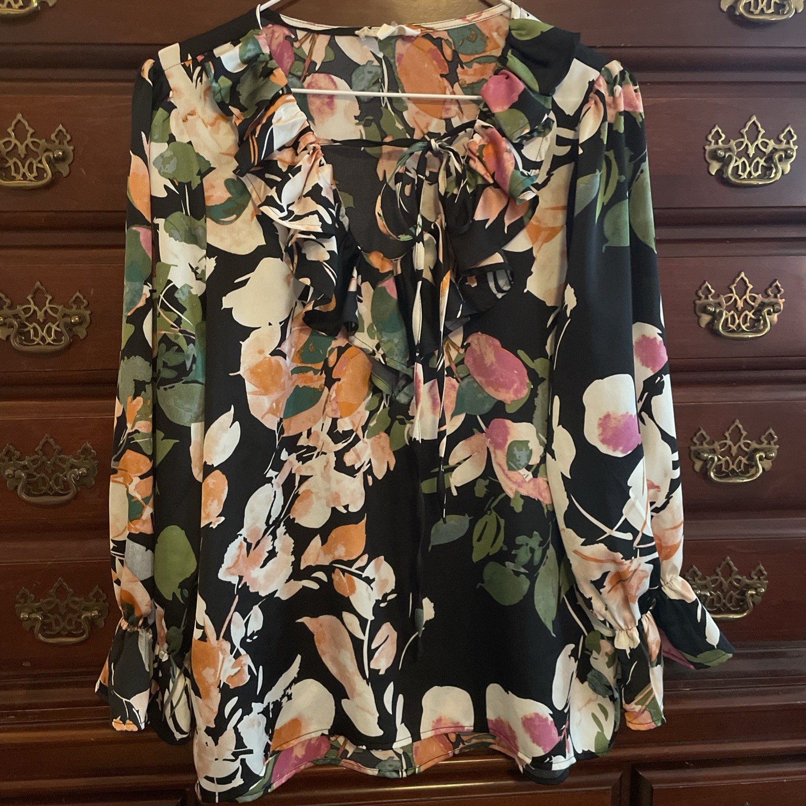 Kismet Women’s Floral Long Sleeve Ruffled Peasant Blouse Tie front