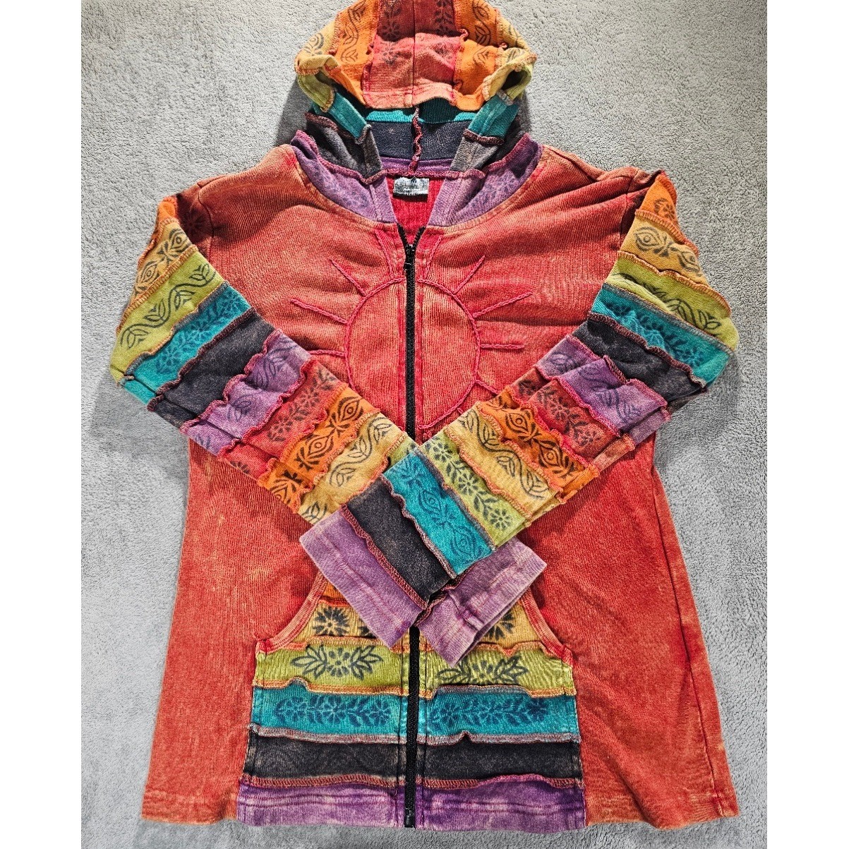 GreaterGood Boho Patchwork Zip Up Hoodie Sun Embroidery Nepal Jacket L/XL