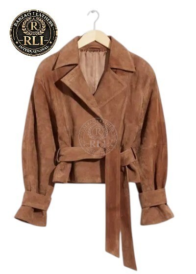 Women Genuine Suede Leather Jacket Brown Belted Wrap Western Vintage Coat