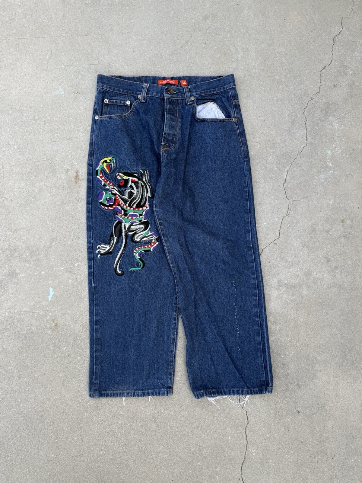 2000s Ed Hardy Embroidered Back O let And Front Baggy Jeans Size 36