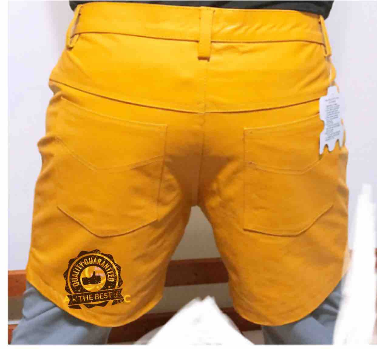 Mens,Cow Leather Shorts Yellow Casual 5 Pocket Short Zipper Fly Real Leather New