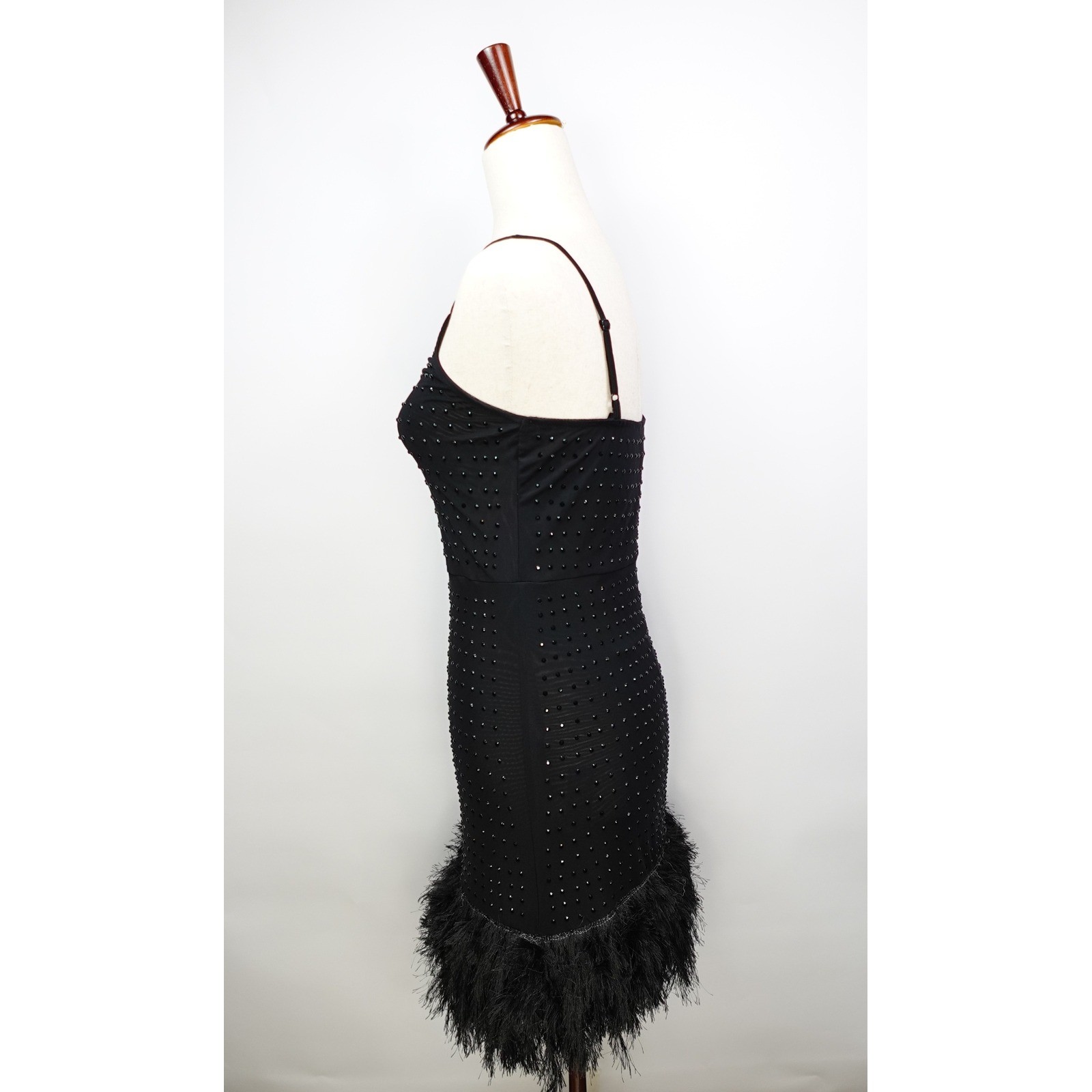 Miss Selfridge ASOS Black Embellished Cami Mini Dress Faux Feather Hem Studded