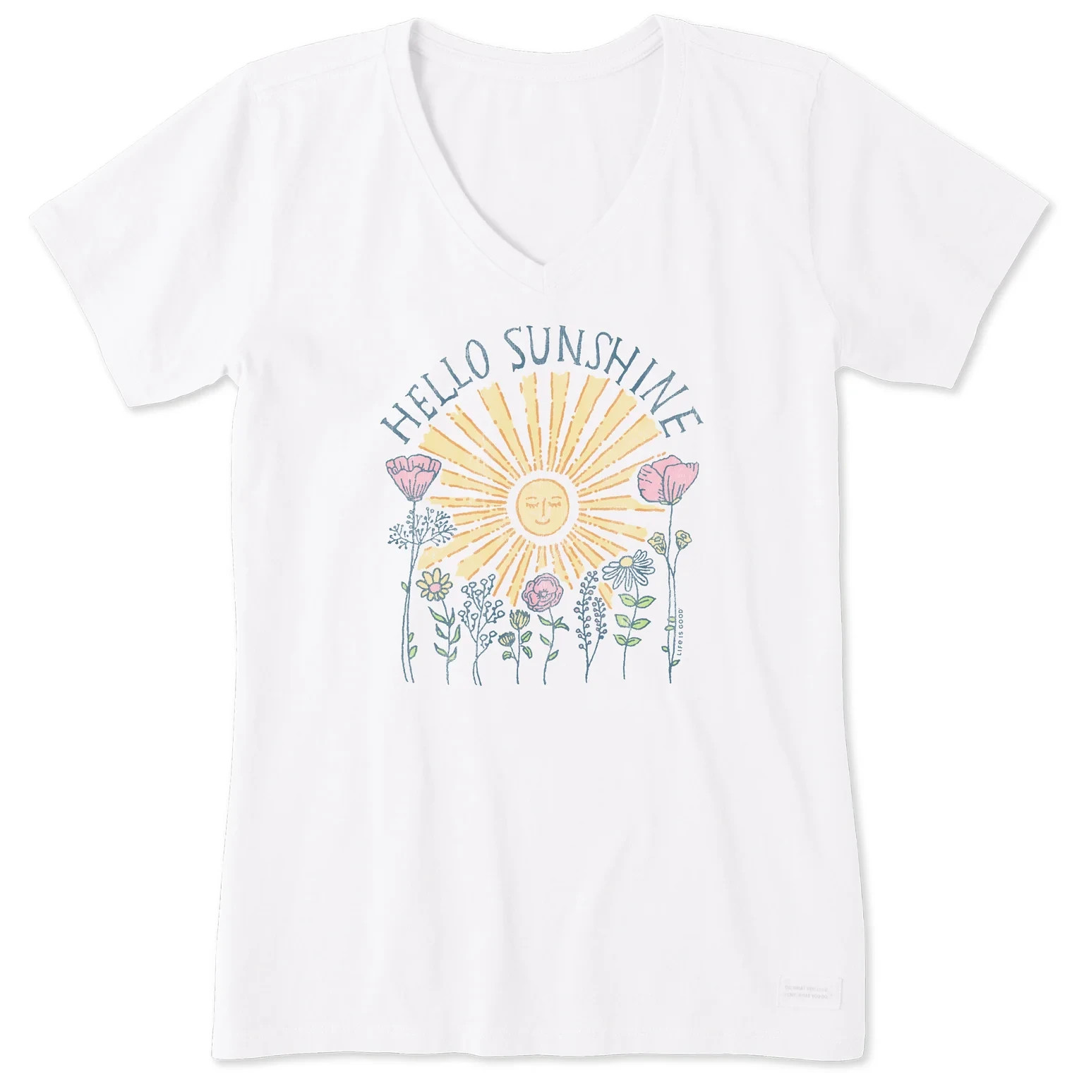 Life Is Good SS Shirt Crusher Vee HELLO SUNSHINE Sun Flower Poppy 44in Womens L