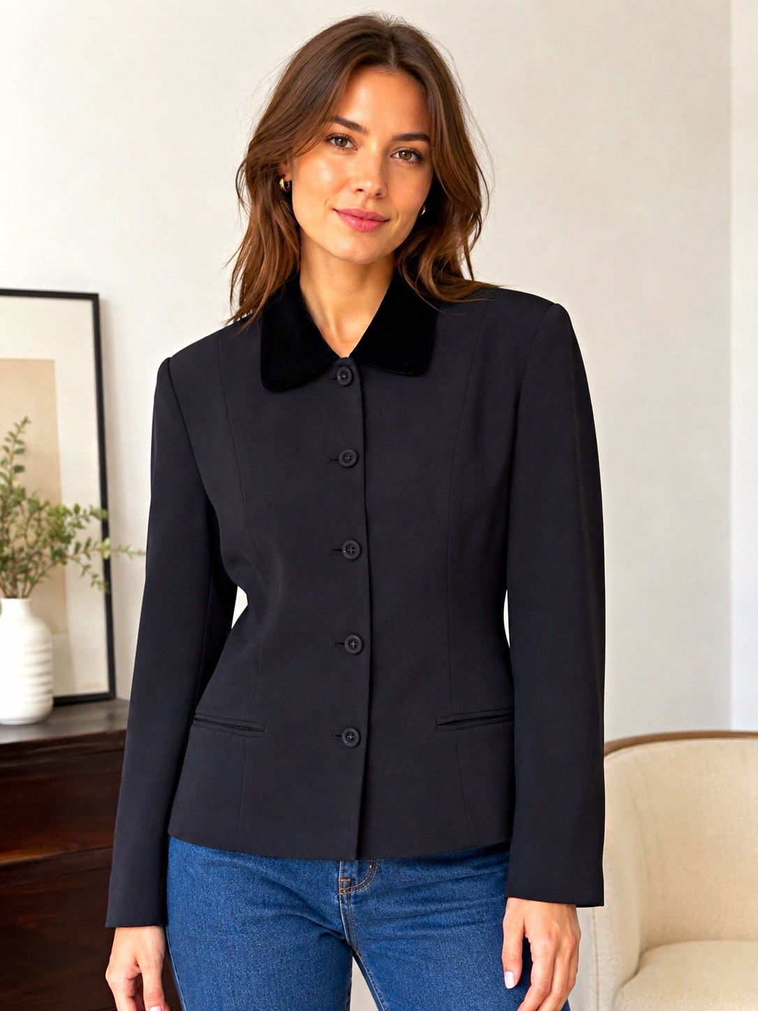 Due Per Due Women’s Black Blazer Velvet Collar Button Front Pockets Lined 6