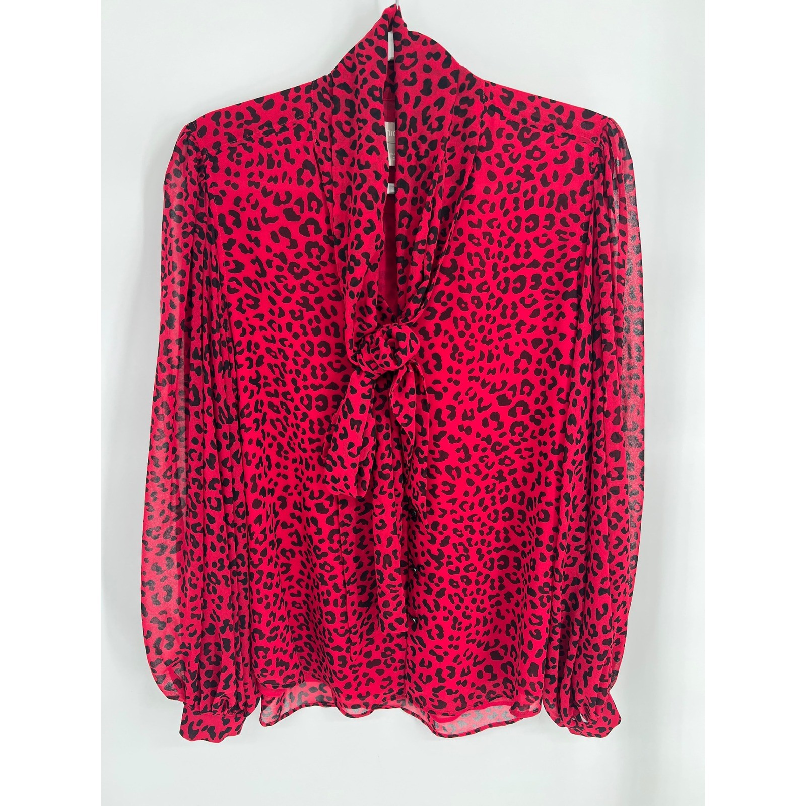 Chico’s Red Black Leopard Print Tie Neck Balloon Sleeve Chiffon Blouse Size 1