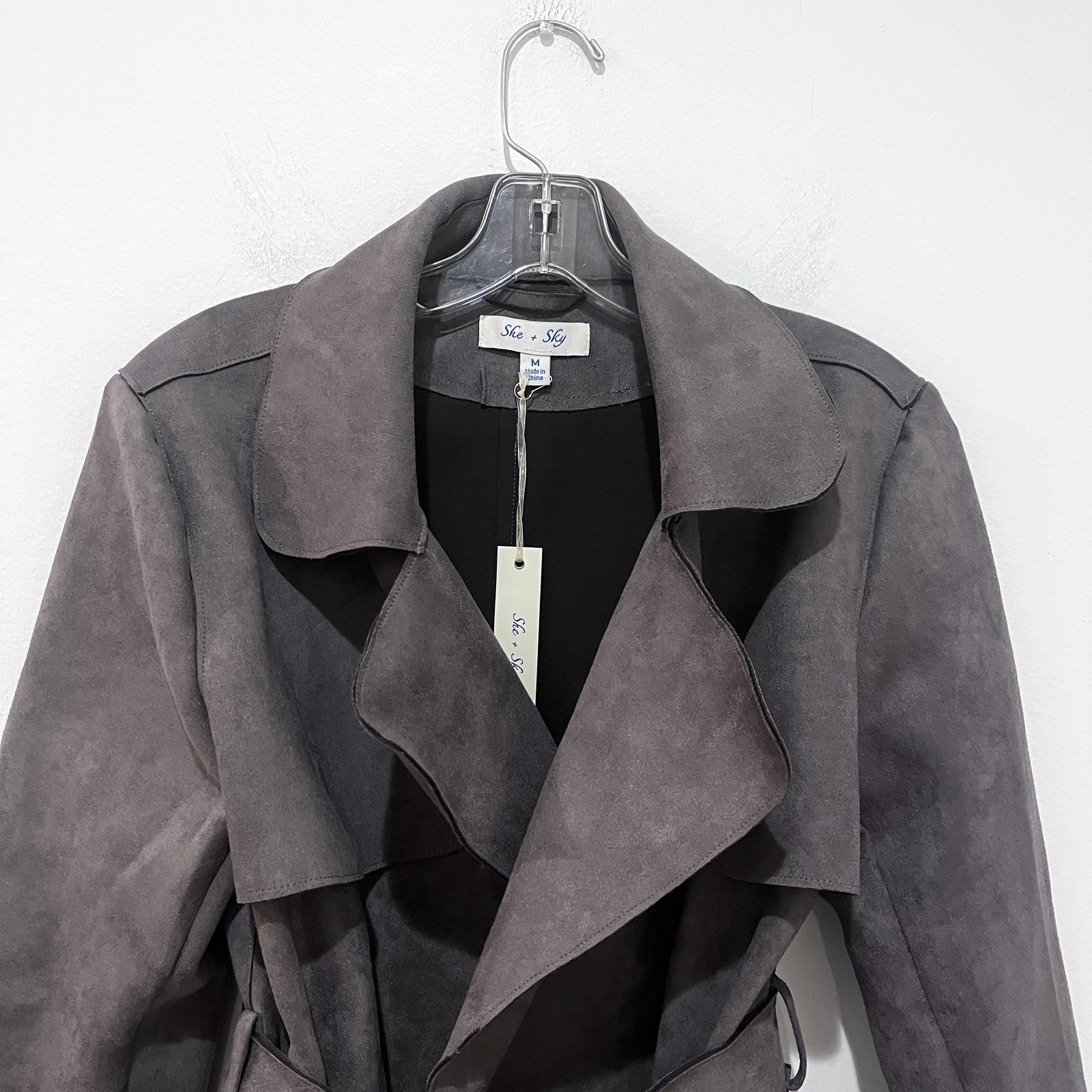 New She + Sky Coat Womens Medium Grey Faux Suede Knit Short Trench Jacket