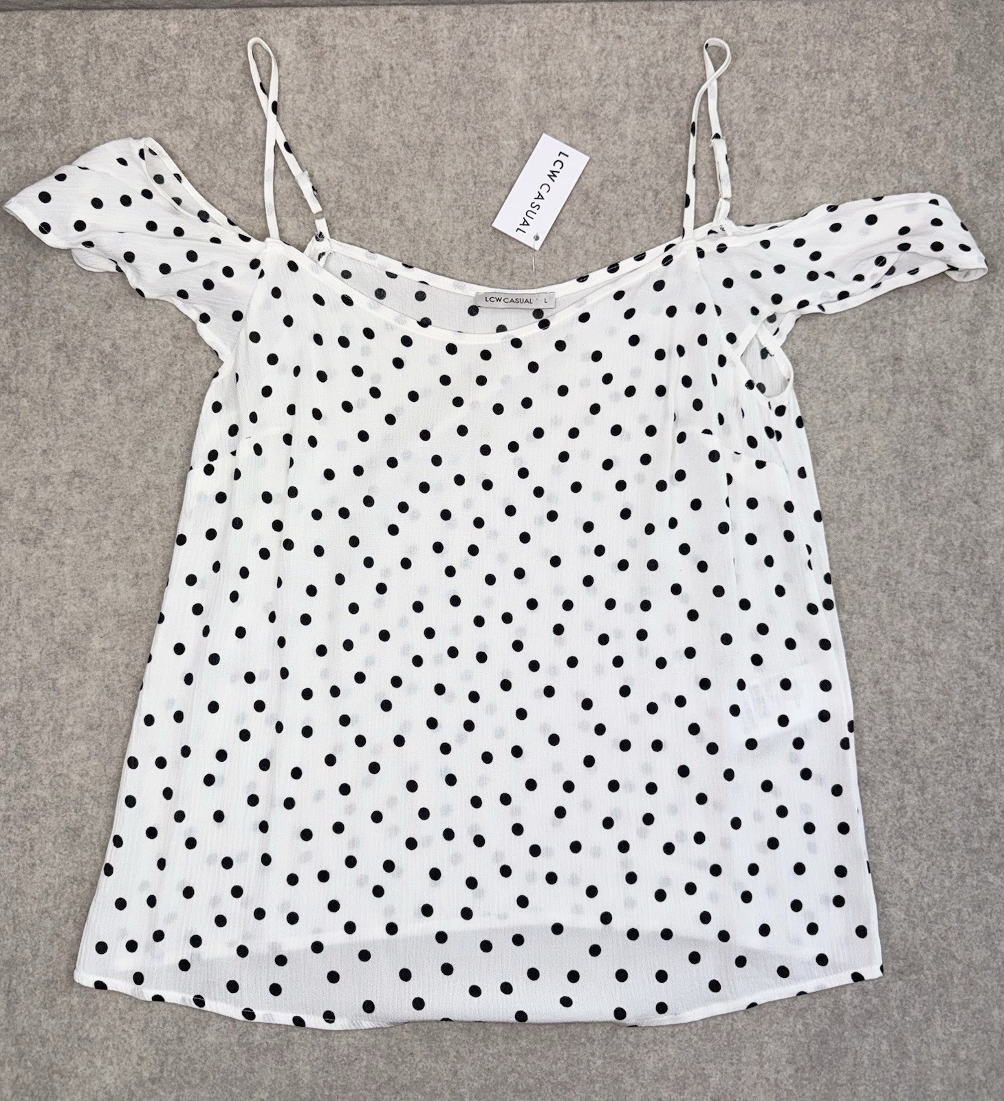 LCW Casual Women’s Off The Shoulder Strappy Top Black White Polka Dots NWT Large