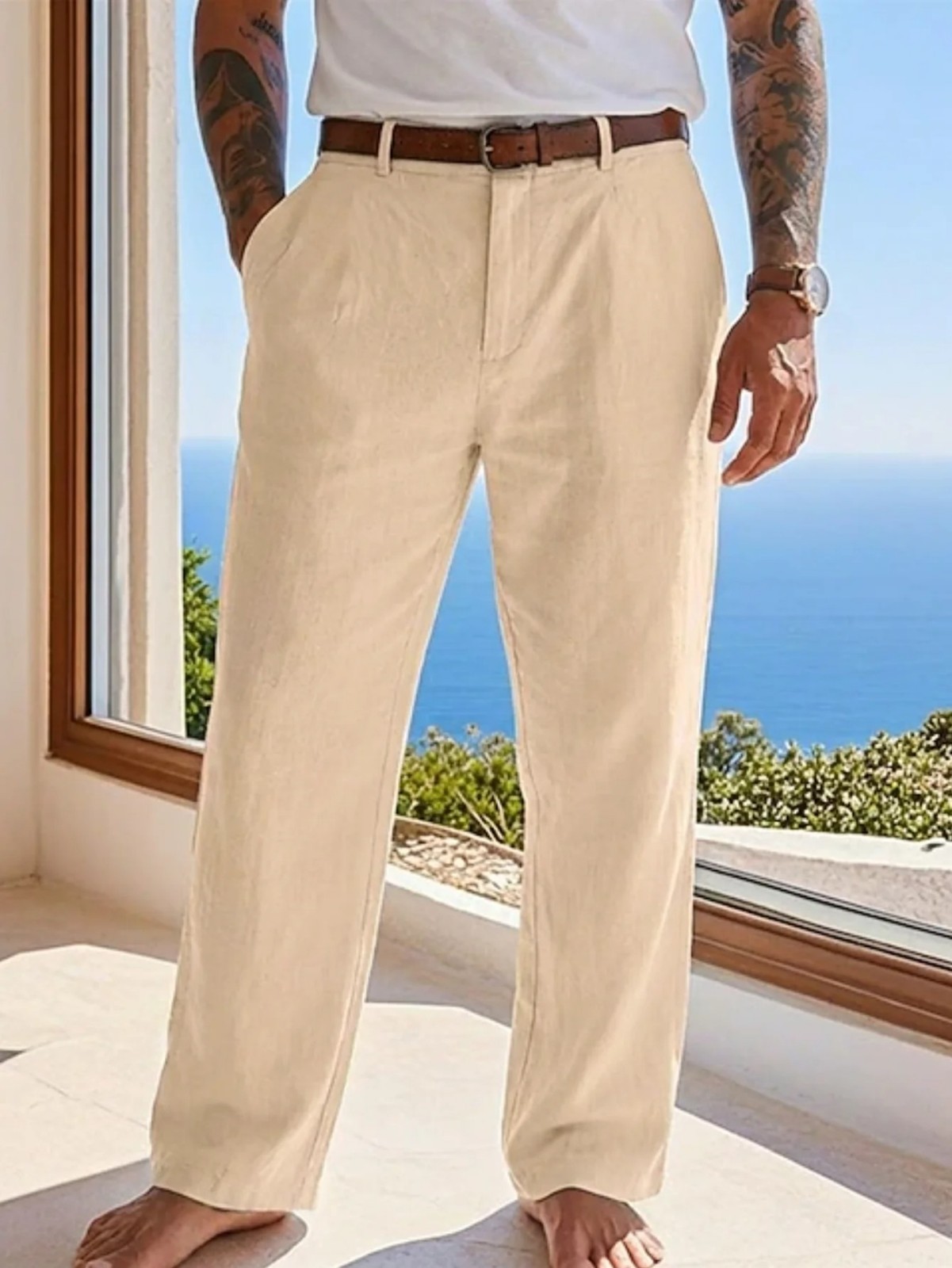 Mens Cotton Linen Loose Pants Casual Drawstring Beach Yoga Baggy Long Trousers