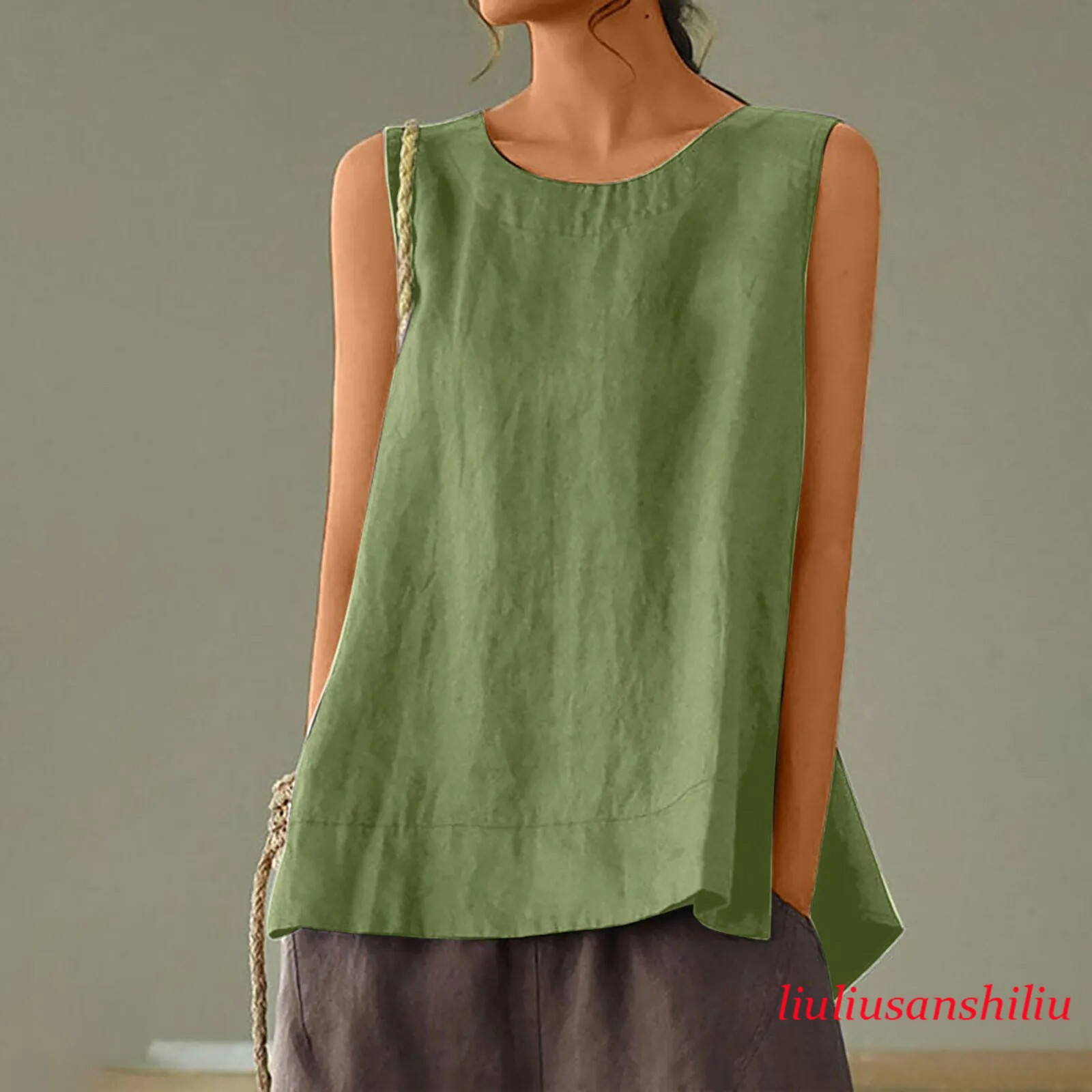 Solid Color Casual Cotton Linen Sleeveless Round Neck Soft and Breathable Top