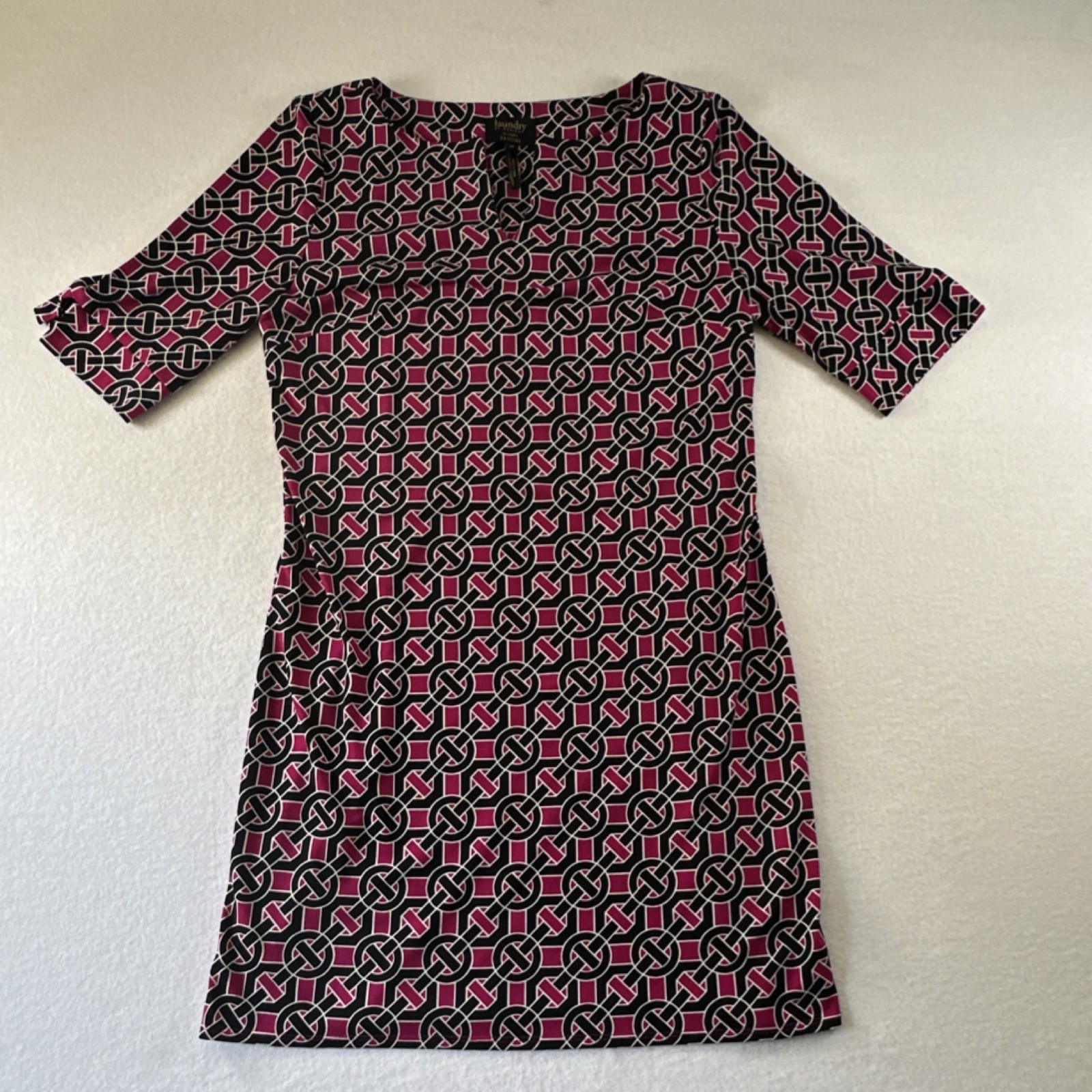 Laundry by Design 6P Pink/Black/White Geometric Shift Dress 3/4 Sleeve V-Neck