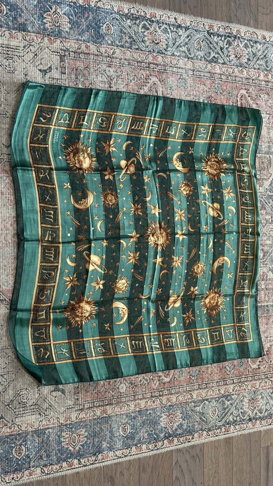Gianni Versace Silk Astrological Square Scarf Green Gold Celestial Logo