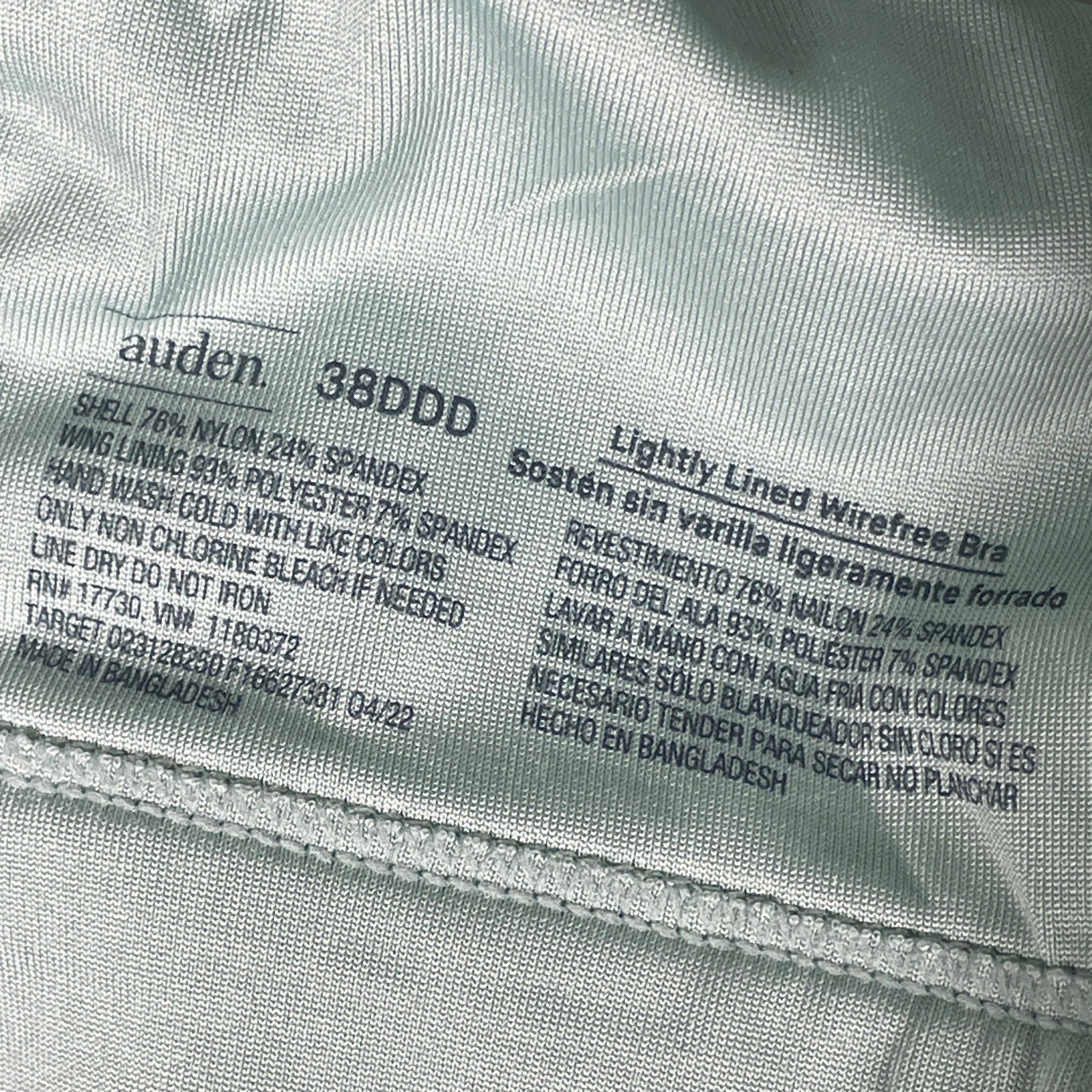 Auden Wirefree Bra Womens 38DDD Mint Green Excellent Floral Lace Lightly Lined
