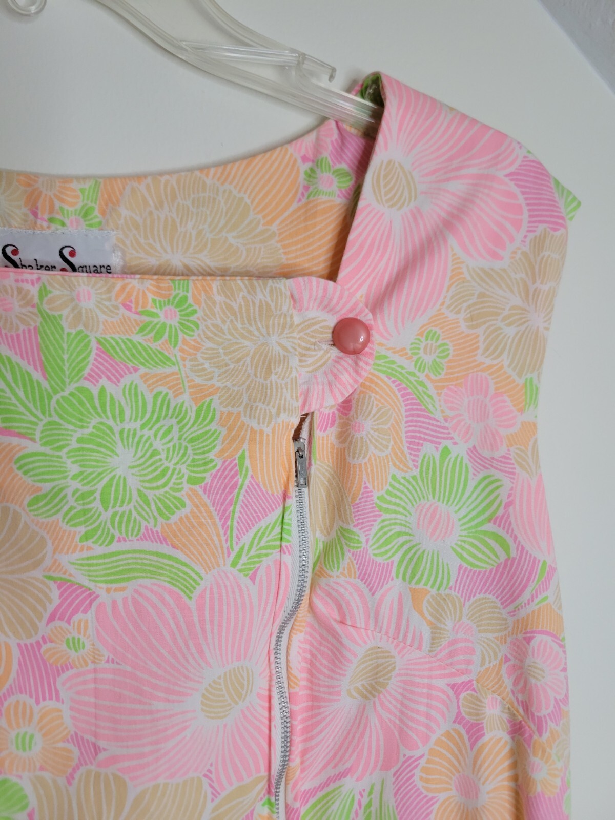 Vintage Shaker Square Neon Floral Zip Front A-Line Shift House Dress