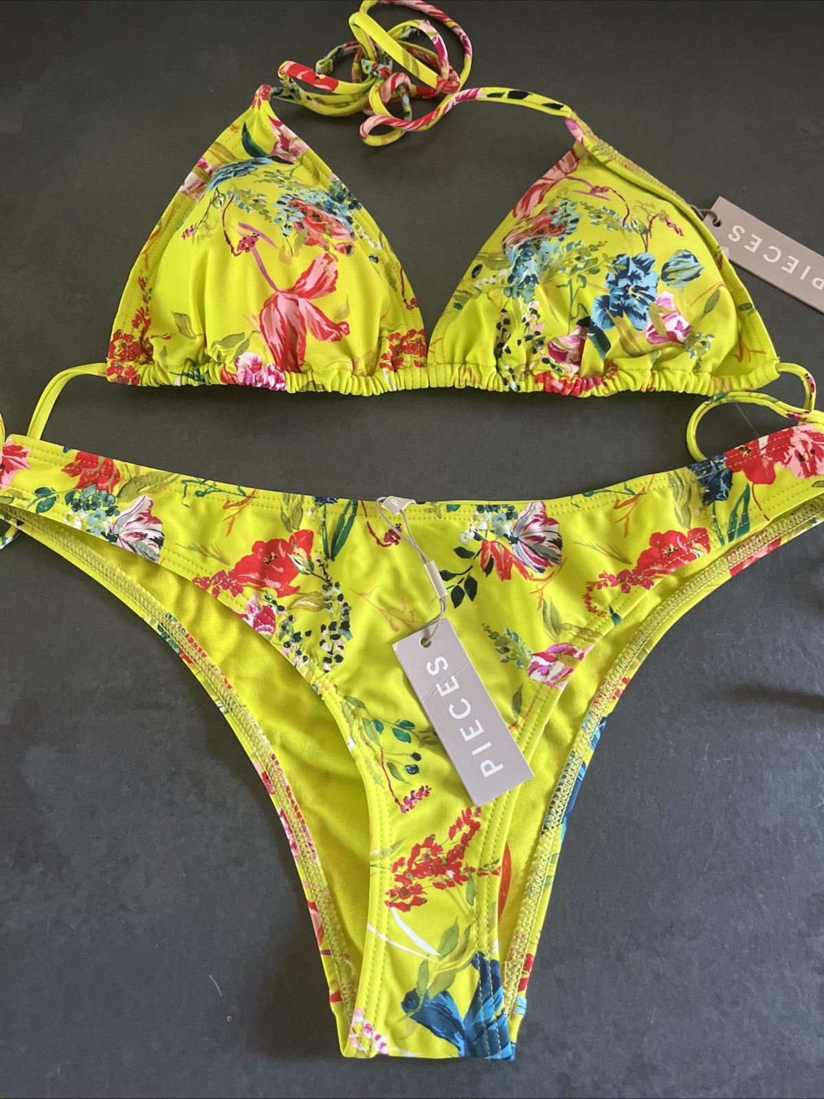 Ladies Lime Green Floral Debenhams Pieces Bikini Size 14