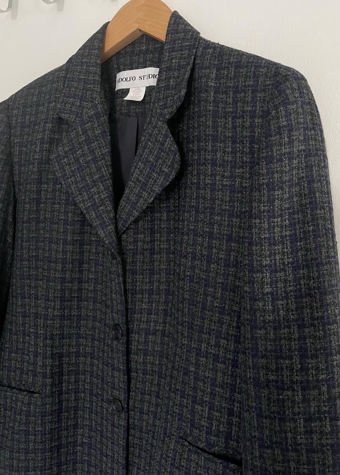 Vtg Adolfo Studio Women’s 2 Piece Tweed Skirt Suit Gray Blue Blazer Work Size 14