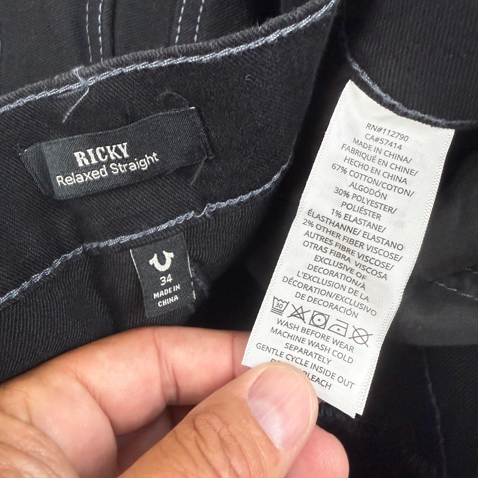 True Religion Ricky Flap SN Black Jeans Mens 34×30 (Fit 36×29) Straight Leg NEW
