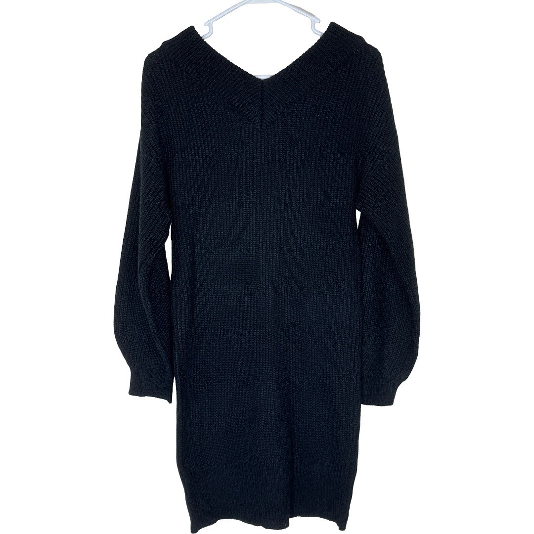 Full Circle Trends Black Double V Shaker Stitch Sweater Dress J3B2089S Large NWT