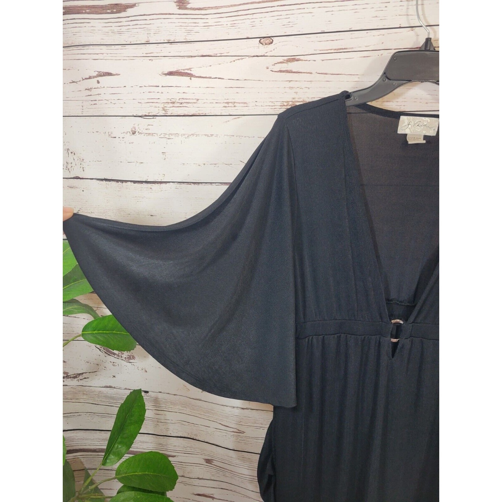 J. Valdi batwing Sleeve Tunic Top Black Slinky Plunge V-Neck Sheer 3/4 Sz Large