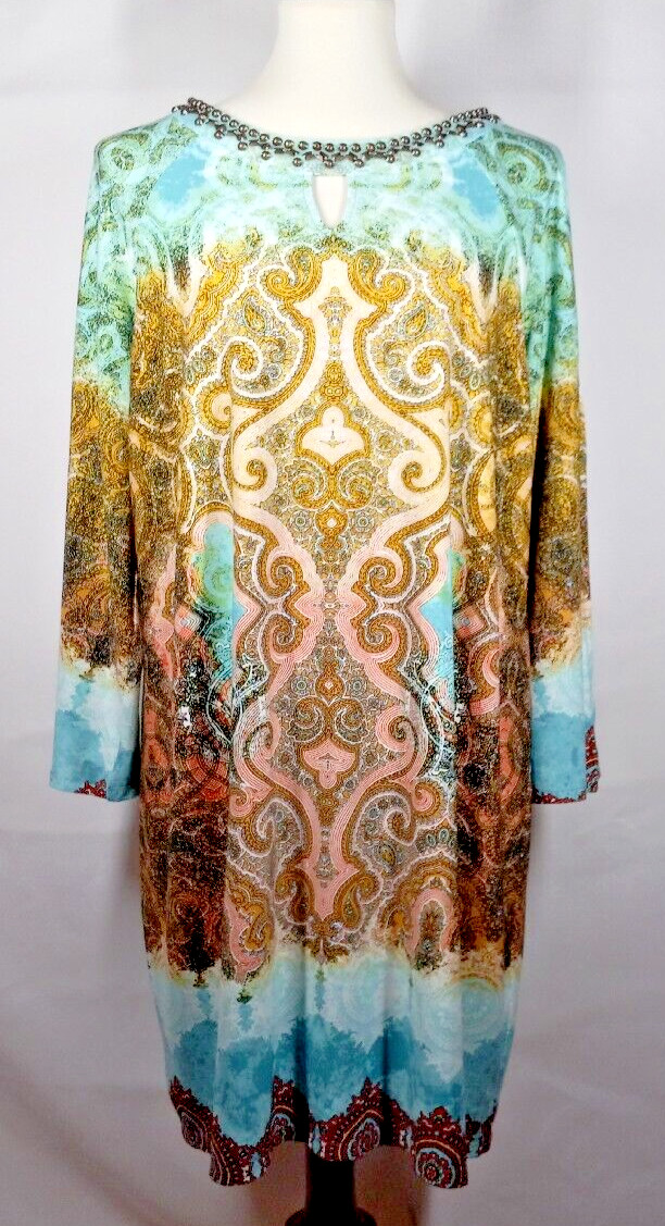 Chico’s 3 Blue Beaded Collar Keyhole Cold Shoulder Long Sleeve Knee Length Dress