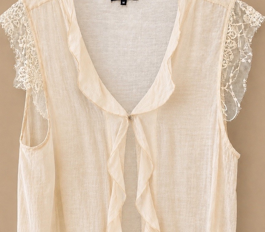 Panitii M Ivory Lace Ruffle Sleeveless Tunic Blouse Boho Hi Low Top 65% Cotton