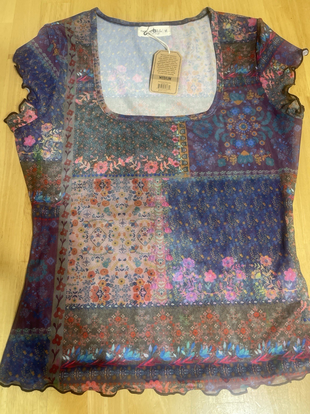 NWT Natural Life Carina Mesh Floral Colorful Sheer Short Slv Square Neck Top M