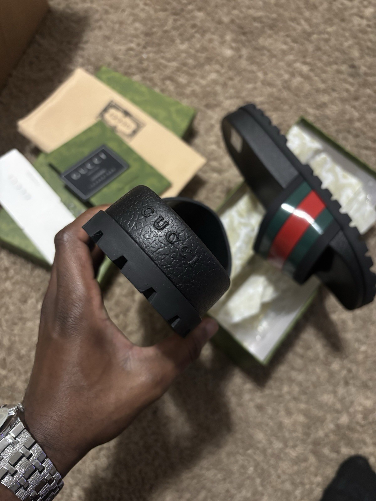 Gucci Men’s Black Leather Slide Sandals Red/Green Web Stripe Logo EU 42