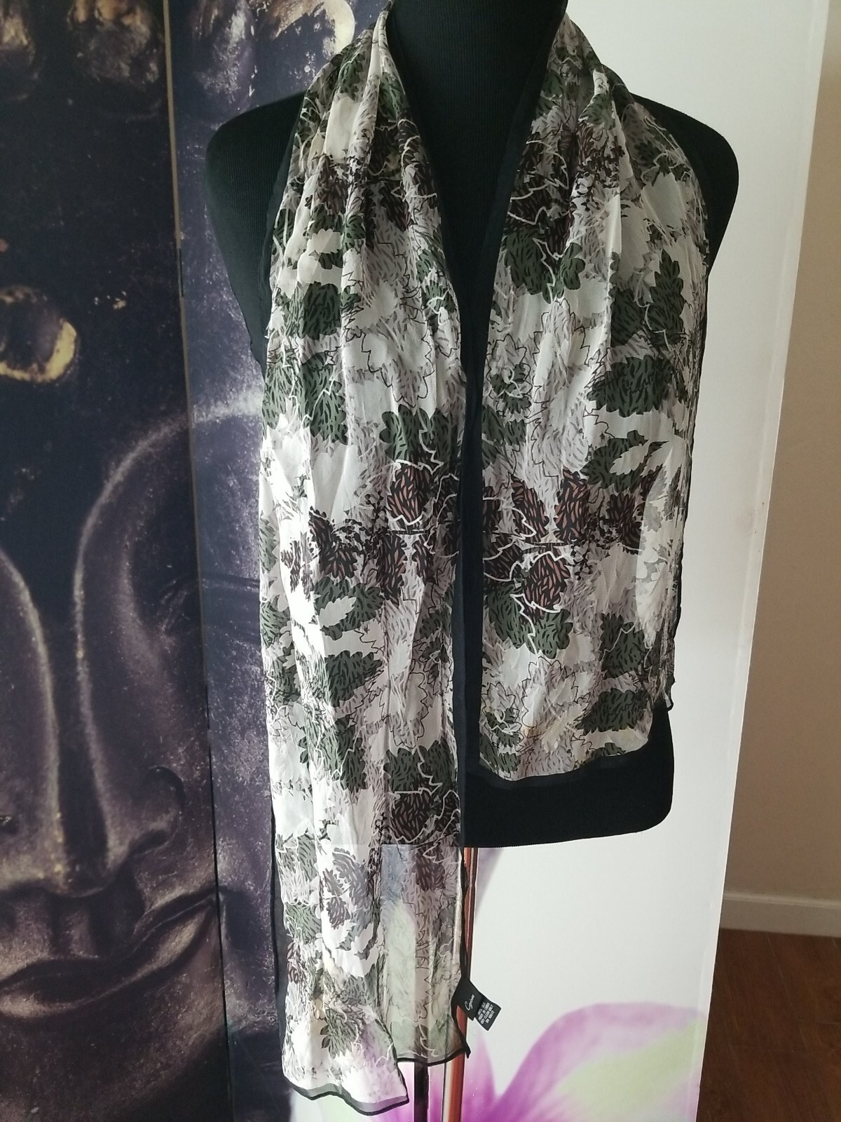 VTG Cejon Scarf 100% Green Brown Floral Colorful Retro 60” x 10”