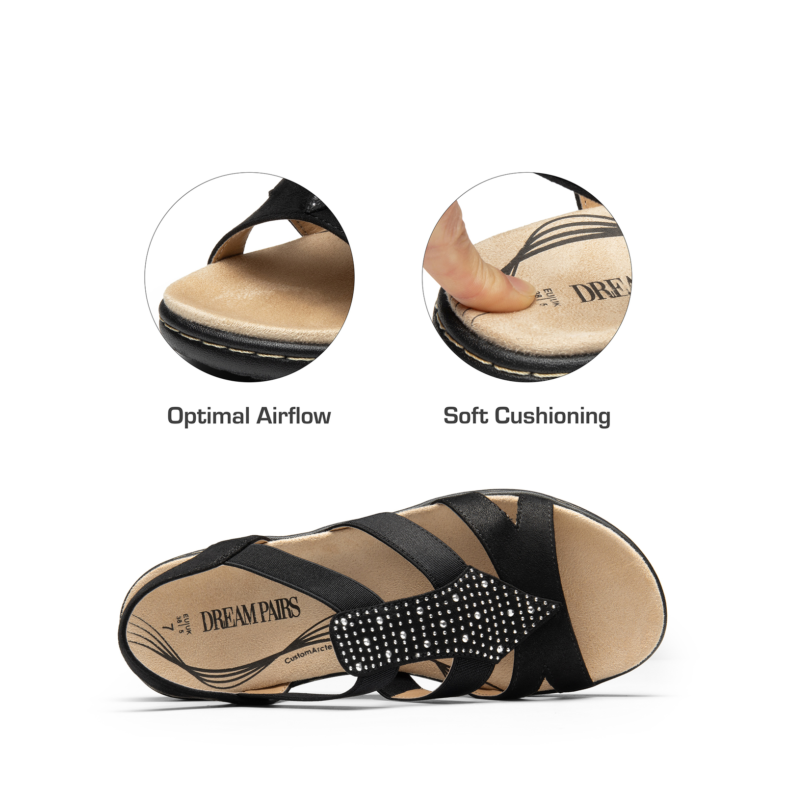 Women Wide Size Arch Support Flat Sandals Elastic Open Toe Walking Shoes