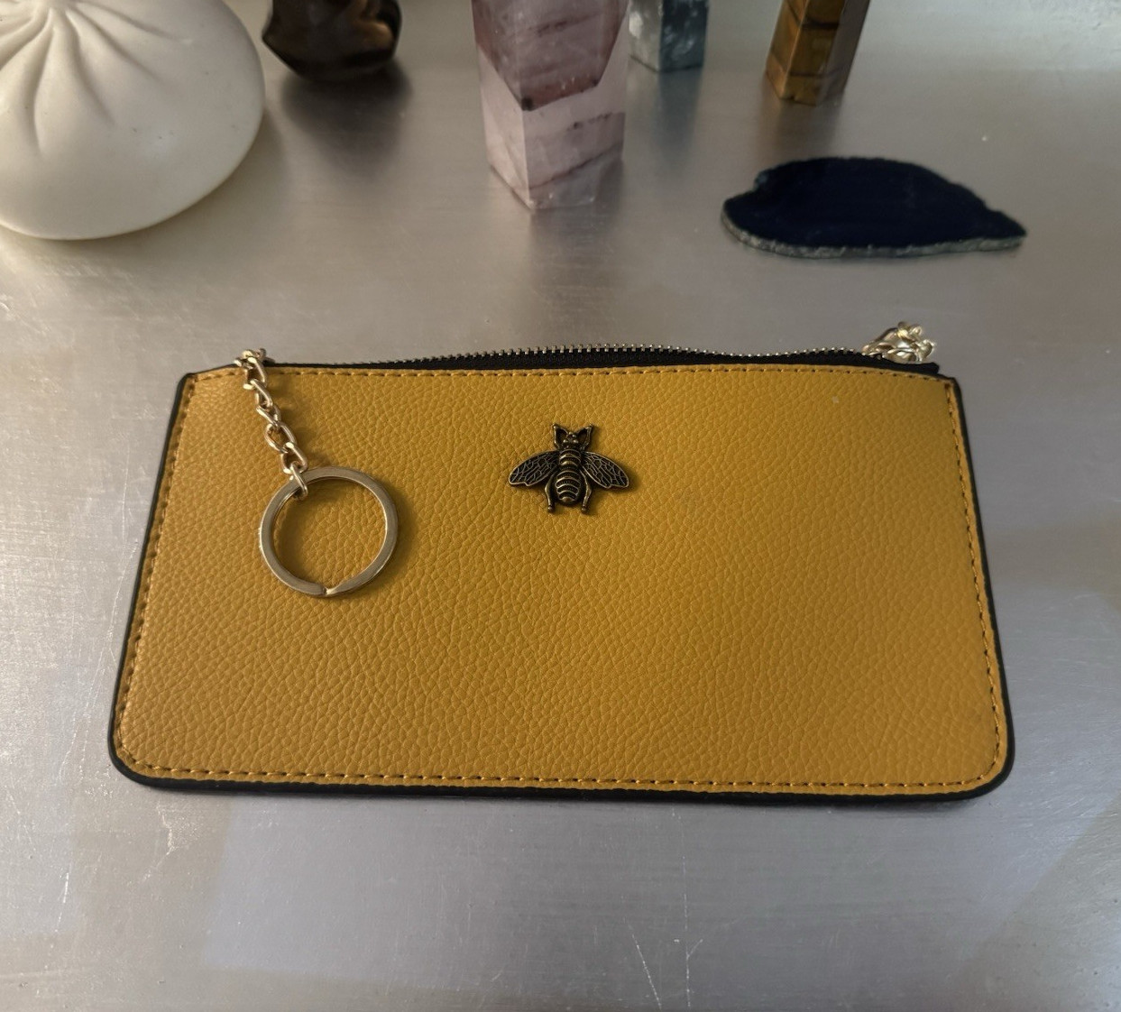 Yellow Zip Coin Wallet Pouch Wristlet Clutch Key Ring Tassel Bee Charm