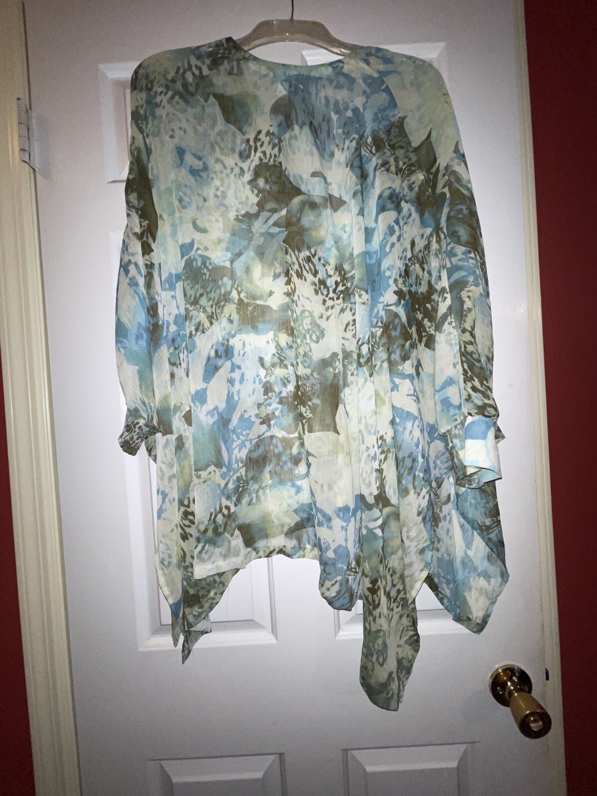 Chico’s Open Cover Up Lightweight Sz S/M Kimono Top Blue Green Rayon Blend