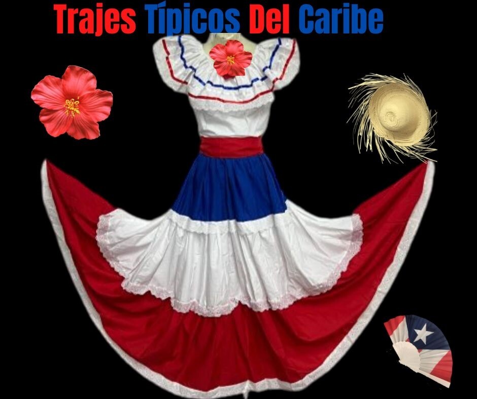 Caribe Typical 3 P/C Set Flag Color Skirt Set, Ropa Tipica Del Caribe. (3 Piece)