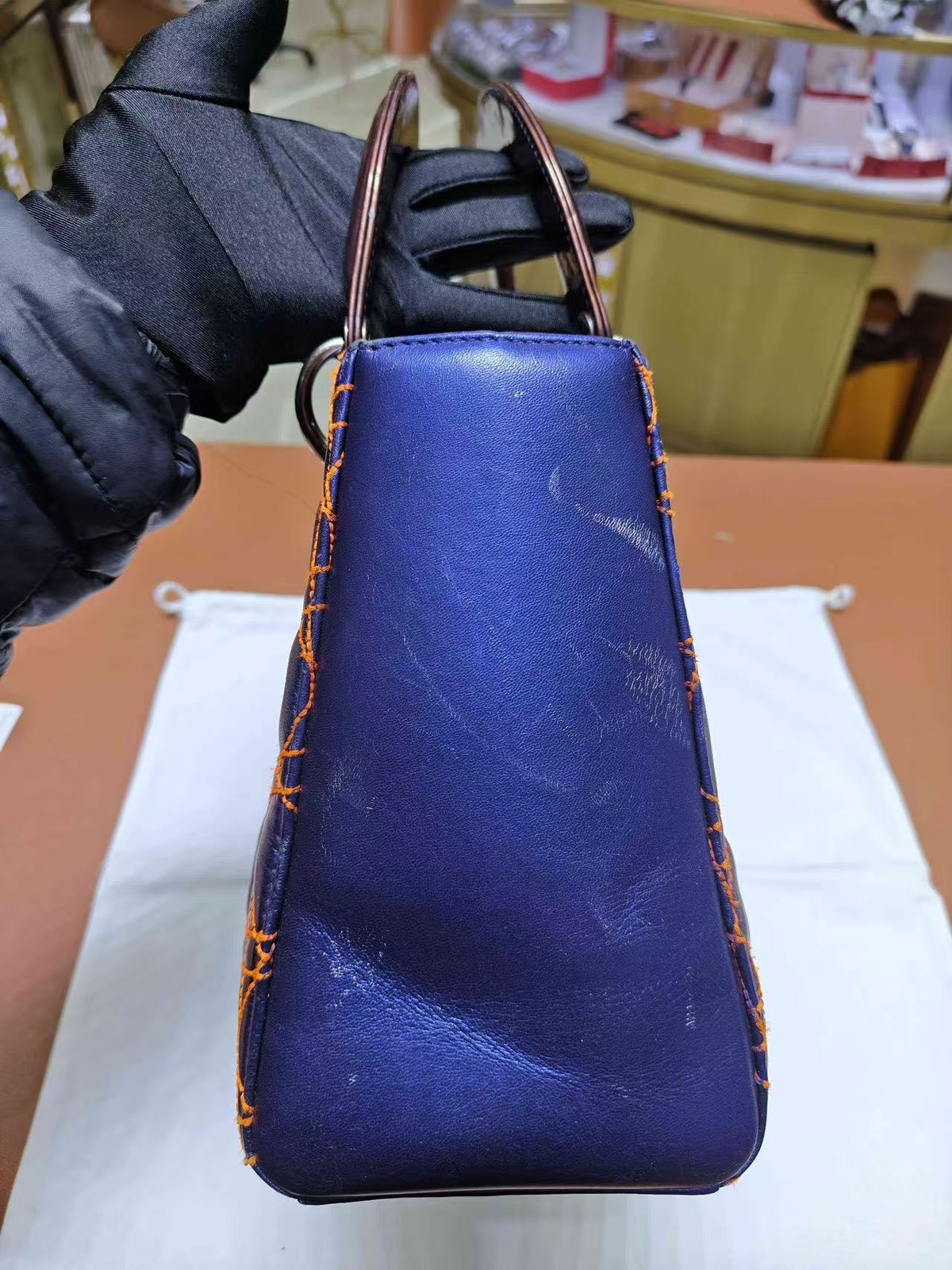 Dior Lady Dior Small Blue Calfskin Orange Stitching Cannage Handle/Crossbody Bag