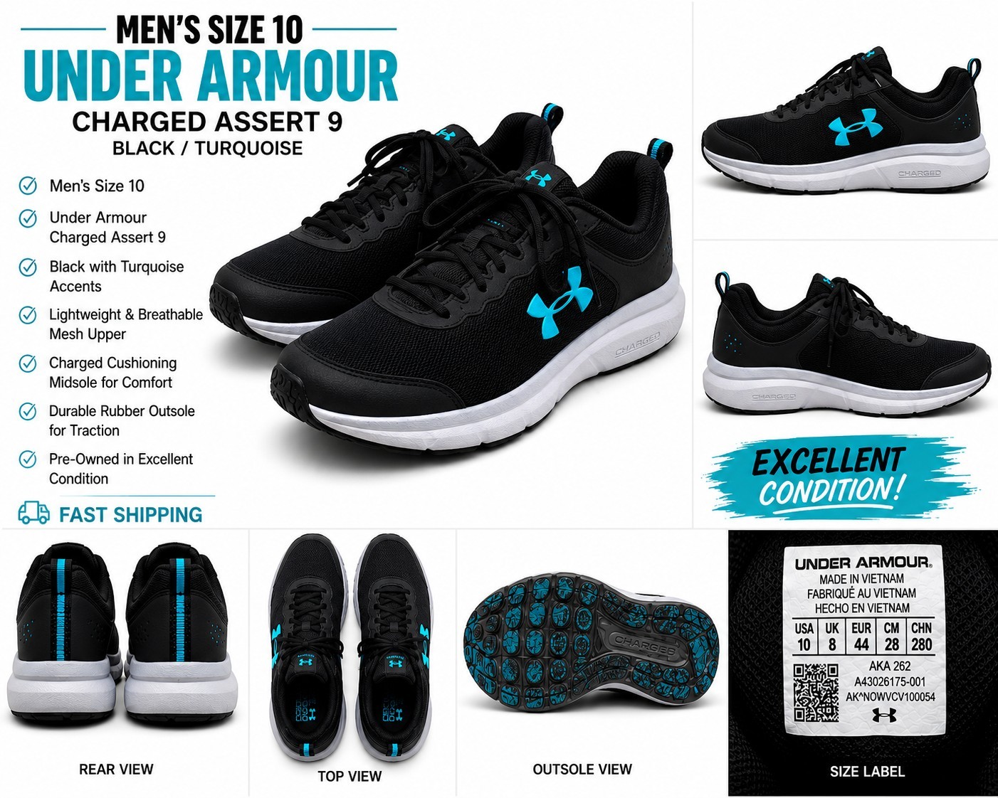 Under Armour Charged Assert 9 Men’s Mesh Lace-Up Running Sneakers Black/Turq